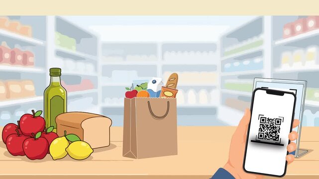 Mobile QR code contactless payment at supermarket checkout loop animation, 2d flat cartoon concept. Digital banking and grocery shopping concept animation with smartphone scanning QR code.