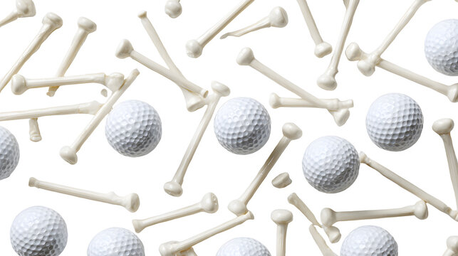 Scattered white golf balls and plastic bones on plain background with down view white top down arrangement randomly golfing objects sports with toys