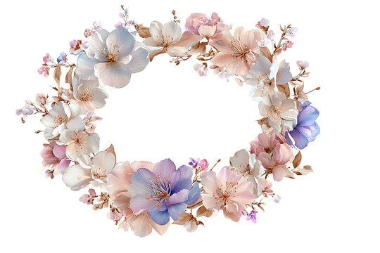 Pastel flower wreath isolated on transparent background, delicate watercolor floral PNG with soft pink, blue and yellow blossoms