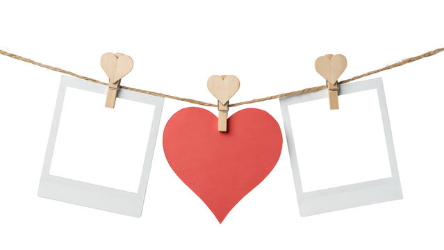 Photo frames and red heart on a rope line isolated on transparent background