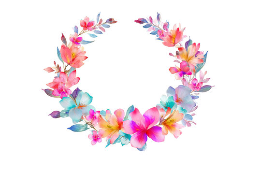 Pastel flower wreath isolated on transparent background, delicate watercolor floral PNG with soft pink, blue and yellow blossoms