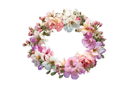 Pastel flower wreath isolated on transparent background, delicate watercolor floral PNG with soft pink, blue and yellow blossoms
