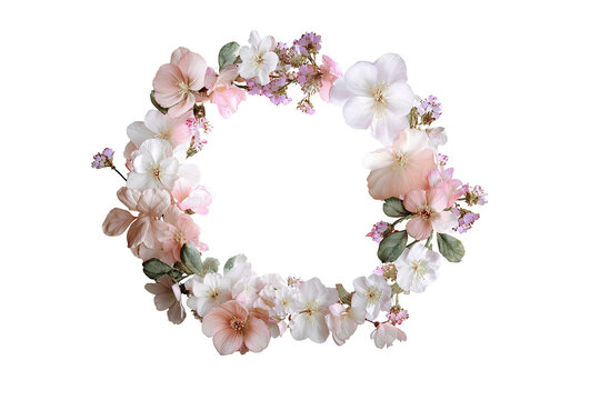 Pastel flower wreath isolated on transparent background, delicate watercolor floral PNG with soft pink, blue and yellow blossoms