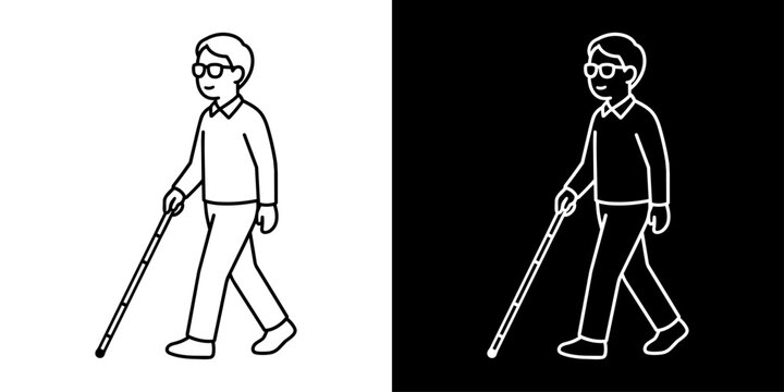 白杖を使って歩く視覚障害者の白黒線画アイコンセット