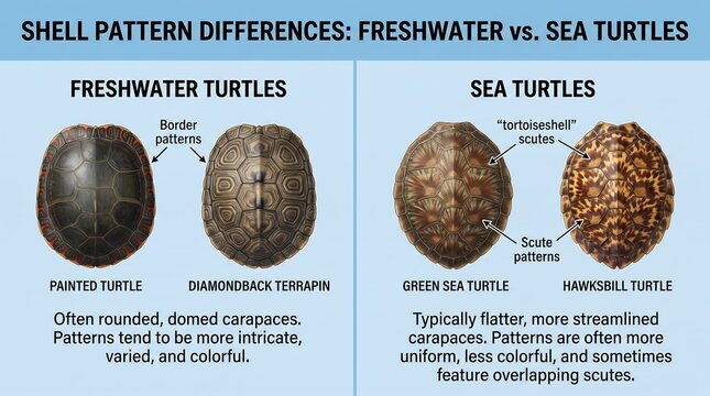 Educational Diagram Comparing Shell Patterns of Freshwater and Sea Turtles