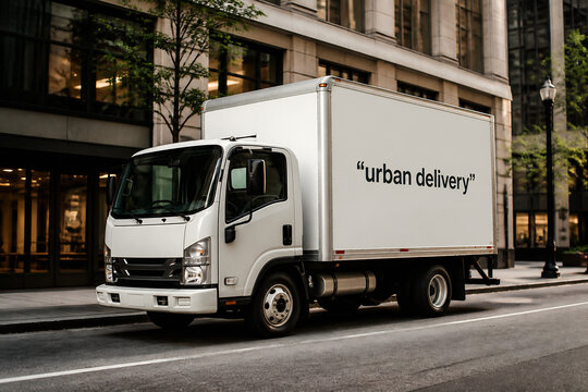 A white delivery truck with "urban delivery" text drives on a city street.