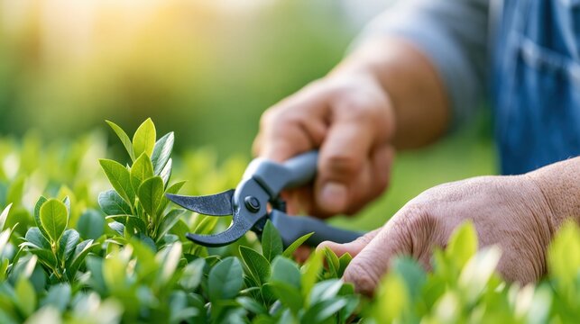 Gardener's hands precisely pruning green hedge with secateurs in bright sunlight, outdoor hobby