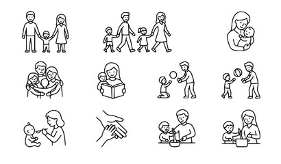 Fototapeta premium Family Care and Activity Outline Icon Set with Parents Children and Togetherness Symbols Vector