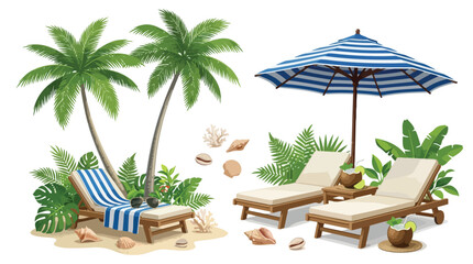 Fototapeta premium Tropical beach vacation set with palm trees and lounge chairs, summer resort elements with blue striped umbrella and coconut cocktails, vector clip art