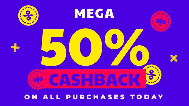 Dynamic animated 'Mega Cashback' promotion with changing percentage from 33% to 50% on a vibrant purple background, featuring bold yellow text and red banner, for online retail sales
