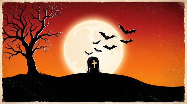 Happy halloween illustration with bats and full moon