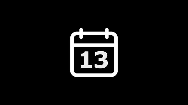 White calendar with the number thirteen centered inside on a solid black background for scheduling and time management concepts and digital apps