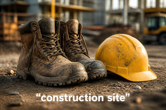 Work boots and a yellow hard hat on a construction site.