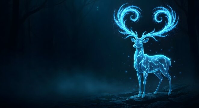 Futuristic glowing blue magical deer with swirling light antlers standing in dark forest symbolizing nature technology and mystical energy