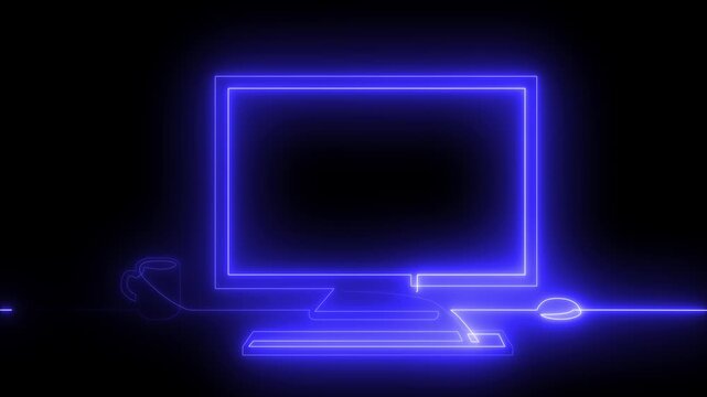 Glowing Neon Computer Desk Workspace Line Art Animation with Dynamic Color Changing Effect on Dark Background Loop