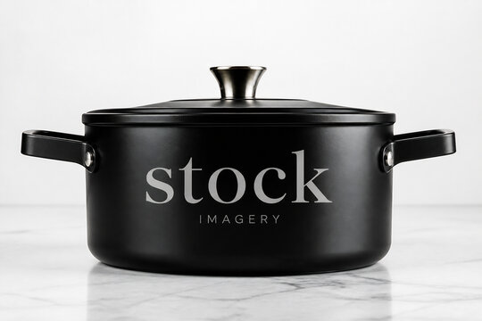 A black stockpot with "stock IMAGERY" branding sits on a white marble surface.