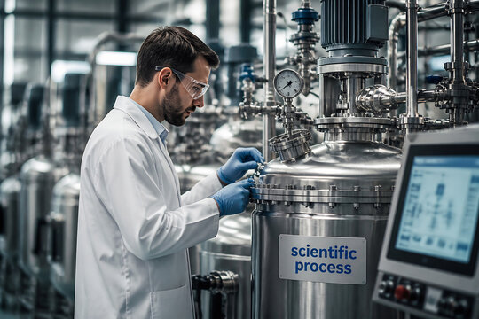 A scientist in a lab coat is inspecting industrial stainless steel equipment in a factory setting.