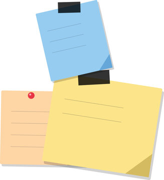 A collection of colorful sticky notes attached with black tape and a red push pin on white background
