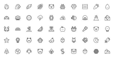 Nature icon set. Minimal icons. Includes fire, leaf, shell, squirrel, ladybug, mushroom, turtle, sun, thunder, fish, volcano, rainbow, flower, butterfly, snowflake & more. Editable stroke. © wang