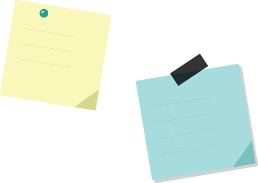 Yellow and blue sticky notes attached with a push pin and black tape on a white background