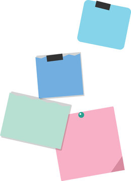 Set of colorful blank sticky notes attached with tape and pins on a white background for office notes