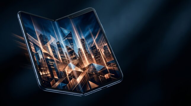 Foldable smartphone with abstract city skyline display