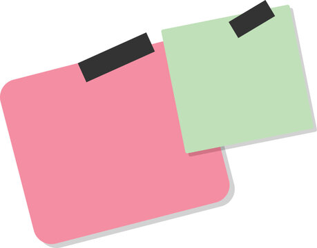 Pink and light green blank sticky notes attached with black tape on a white background