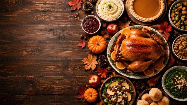 Thanksgiving feast with roasted turkey and seasonal side dishes on a rustic wooden table during autumn