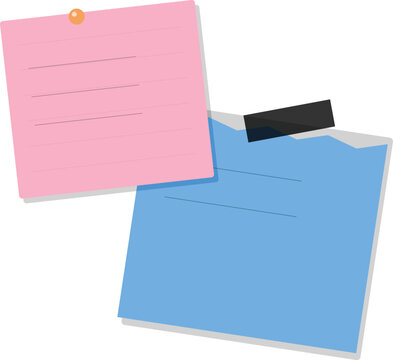 Pink and blue sticky note papers with handwritten text attached to a surface with tape and a pin