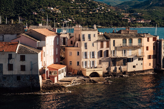 Old buildings along the Mediterranean sea in Saint-Florent in Corsica