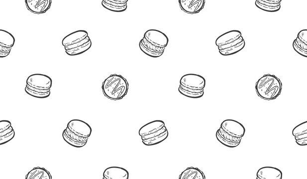 Macaron doodle background. Cookies pattern background. Colorful macaron doodle seamless pattern. Biscuit flavor hand drawn pattern with chocolate, strawberry, vanilla, matcha, creamy.