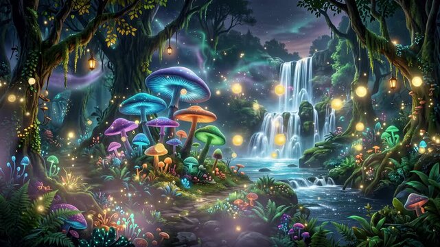 Magical fantasy forest filled with giant glowing mushrooms, cascading crystal waterfall, shimmering mist, floating fairy lights, 4K video