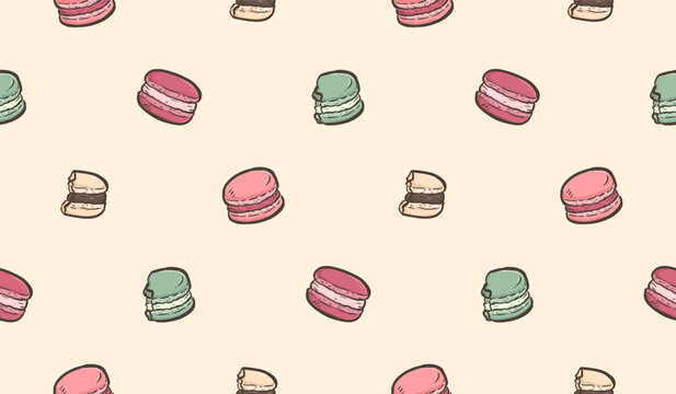 Macaron doodle background. Cookies pattern background. Colorful macaron doodle seamless pattern. Biscuit flavor hand drawn pattern with chocolate, strawberry, vanilla, matcha, creamy.