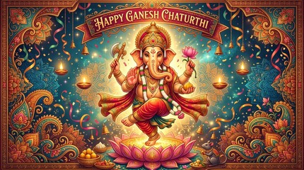 Obraz premium Colorful Ganesh Chaturthi Celebration Illustration with Festive Elements