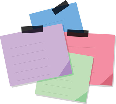 A collection of colorful blank square sticky notes attached with black tape on a white background
