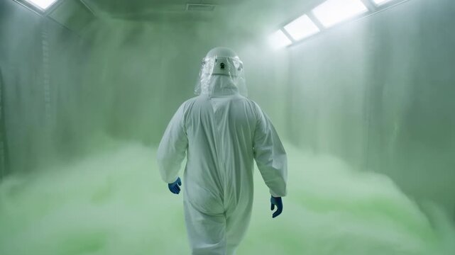 Protective suit figure walking into fog filled containment chamber with green cyan backlighting, rimlit silhouette, narrow corridor symmetry, and dense low lying haze