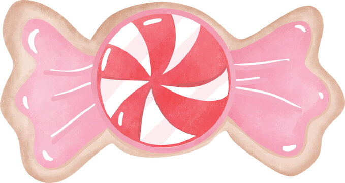 Cute pink wrapped peppermint candy Christmas cookie for holiday sweet dessert and candy treat - hand drawn illustration vector asset