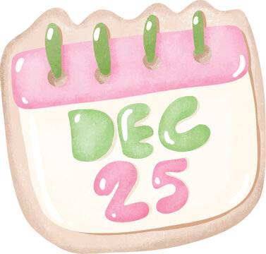 Cute December 25 calendar Christmas cookie marked DEC 25 for Christmas day countdown and holiday dessert - hand drawn illustration vector asset
