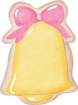 Cute yellow jingle bell Christmas cookie with pink ribbon bow for holiday dessert and Christmas treats - hand drawn illustration vector asset