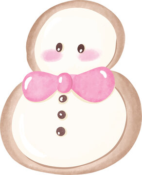 Cute snowman Christmas cookie wearing a pink bow tie for winter holiday dessert and festive treats - hand drawn illustration vector asset