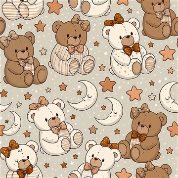 Charming Seamless Pattern of Adorable Teddy Bears with Stars and Moons for Baby Nursery Decor