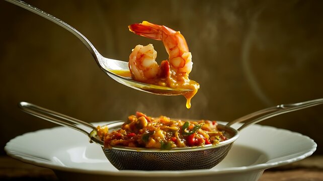 A silver spoon lifting a single cooked shrimp from a metal strainer filled with spicy seafood stew on a white plate in a dim kitchen