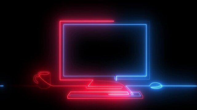 Glowing Neon Computer Desk Workspace Line Art Animation with Dynamic Color Changing Effect on Dark Background Loop