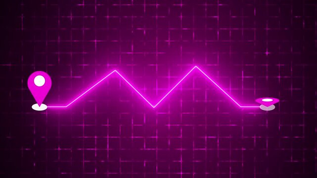 4K Neon Zigzag Navigation Route with Map Pin on a grid background. Glowing Zigzag GPS navigation route for delivery services, Online shops, UI, Buying process, and Business Marketing.
