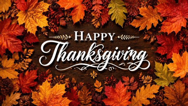 Happy Thanksgiving text centered amidst a vibrant autumn foliage border with a rustic wood background