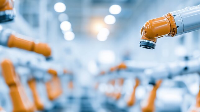 Advanced robotic arms in a modern, automated factory assembly line, showcasing industrial automation and future manufacturing technology