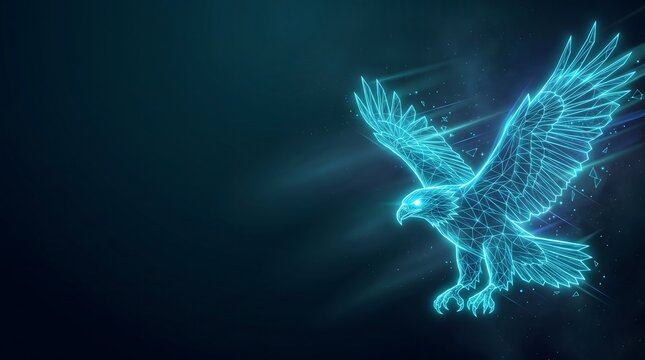 Futuristic glowing cyan wireframe eagle soaring majestically with spread wings in digital neon space symbolizing freedom technology and power