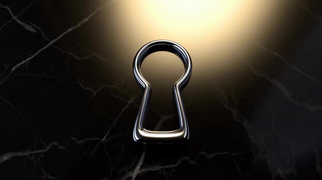 Chrome keyhole form transforming from solid rounded head into open loop on glossy black marble under warm spotlight, creating sleek luxury mystery with reflective metal contrast