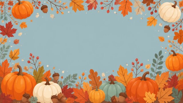 Autumn harvest bounty with pumpkins and colorful leaves set against a soft blue backdrop for seasonal design