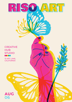 Minimal Risograph Print Art Poster with Butterfly and Hand Illustration